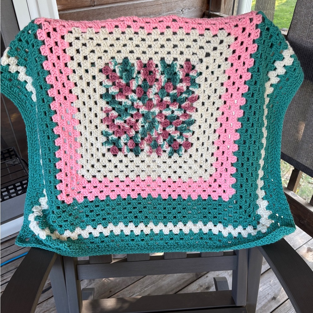 Handmade Crocheted Afghan Granny Square Baby Lap Blanket Pink Cream Teal